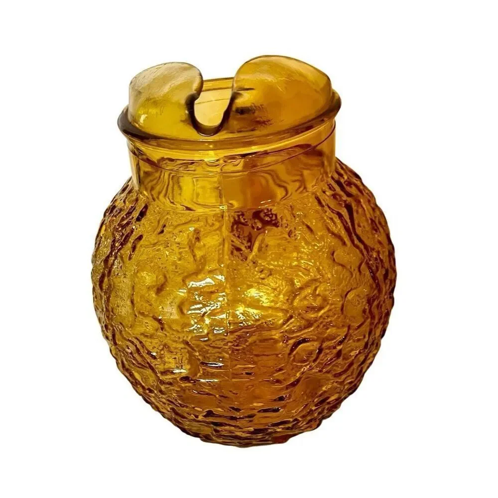Vintage Mid Century Anchor Hocking Lido Amber Glass Gold Pitcher 9” Tall EUC